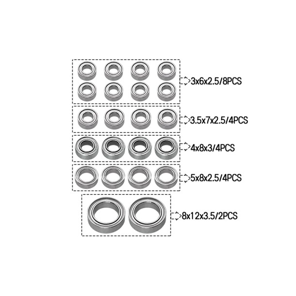 TRAXXAS 1/18 TRX-4M FORD BRONCO / LAND ROVER DEFENDER / K10 FULL SET STEEL SEALED BEARINGS (8x12x3.5mm-2pcs,5x8x2.5mm-4pcs,4x8x3mm-4pcs,3x6x2.5mm-8pcs,3.5x7x2.5mm-4pcs) 